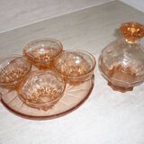 Service à liqueur art déco en verre transparent rose avec bouchon