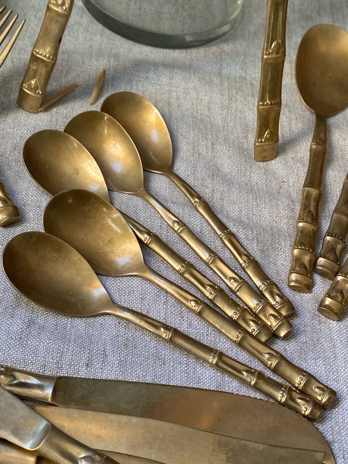 Nickel-plated bronze cutlery set, bamboo style