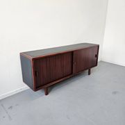 Vintage enfilade in teak and leather, 1970s.