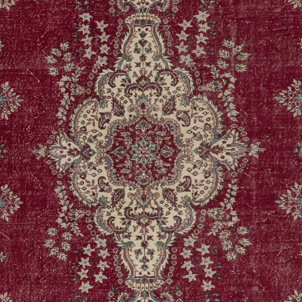 One-of-a-kind Vintage Turkish Red Area Rug. Hand-knotted Wool Carpet with Medallion Design