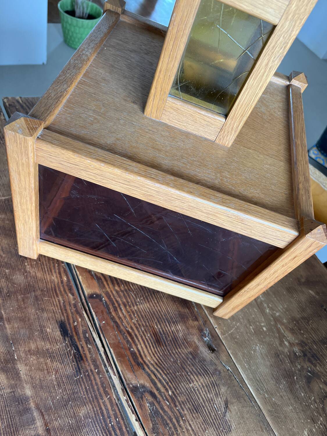 1960s wooden stained glass pendant light