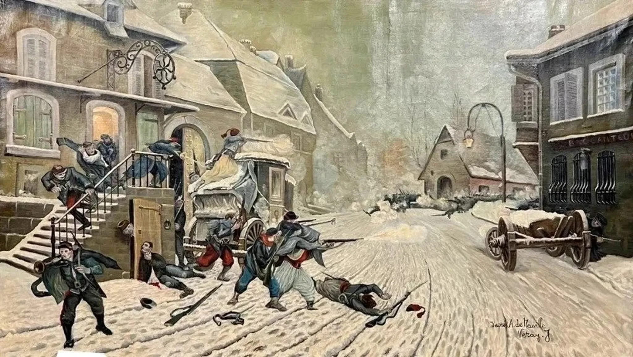 According to Alphonse de Neuville by J. Véray – "The Dawn Attack" (1870)
