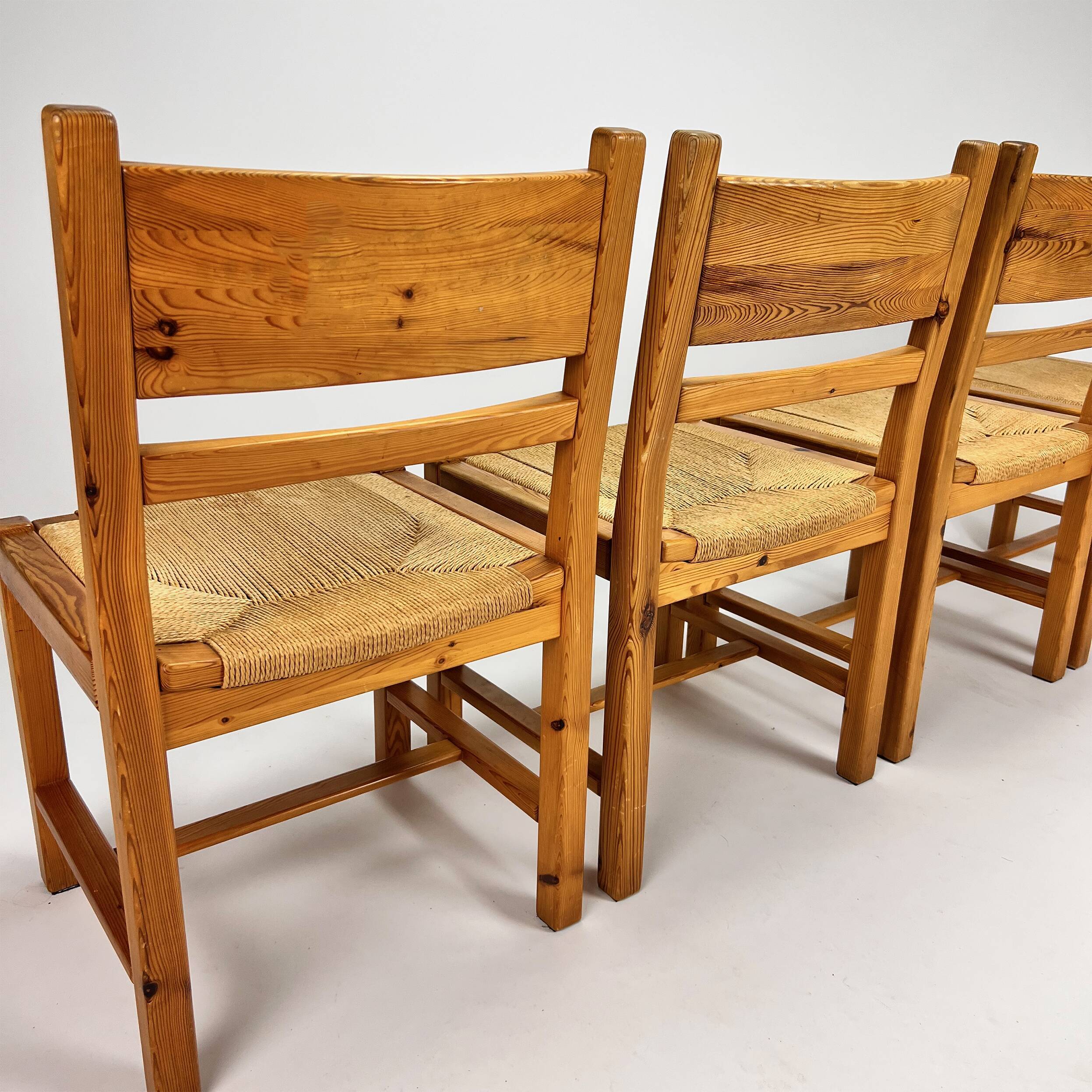 Set of 4 mid century scandinavian pine and papercord dining chairs, 1960s