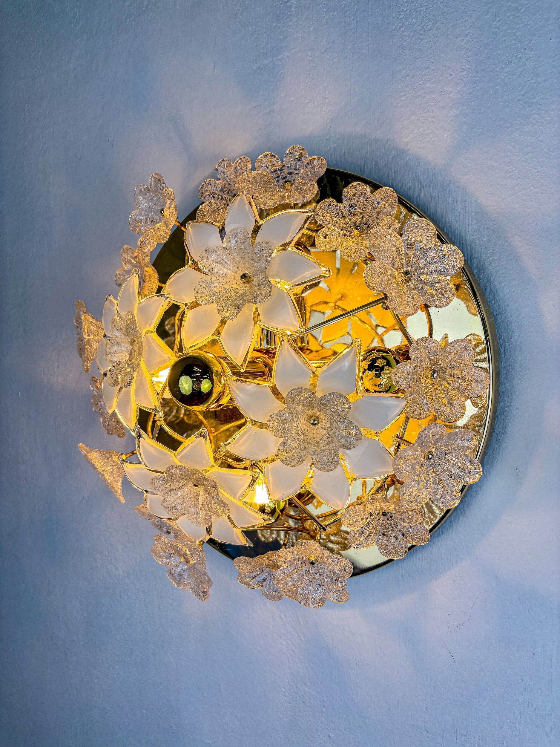 Large Italian Murano glass white frosted flowers ceiling flush mount, 1970s