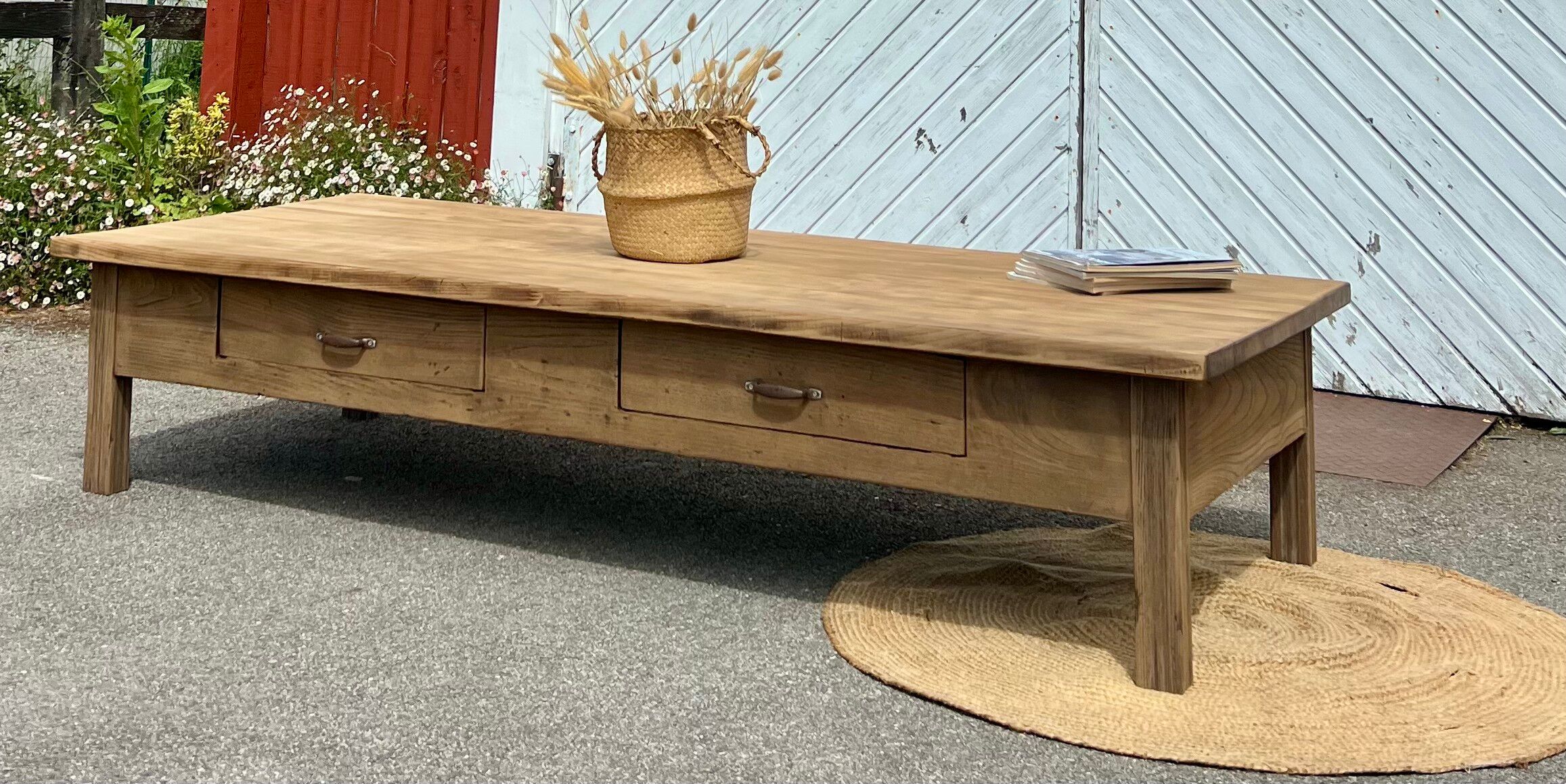 Large XXL farmhouse coffee table in raw solid oak.