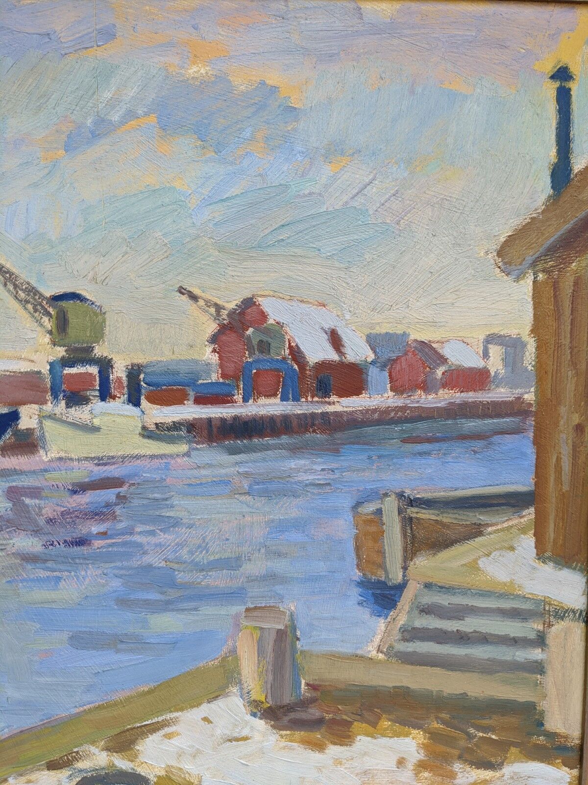 Mid Century Swedish Harbour Boat Oil Painting - 'Sunset Harbour'