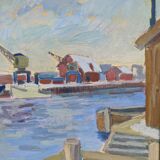 Mid Century Swedish Harbour Boat Oil Painting - 'Sunset Harbour'