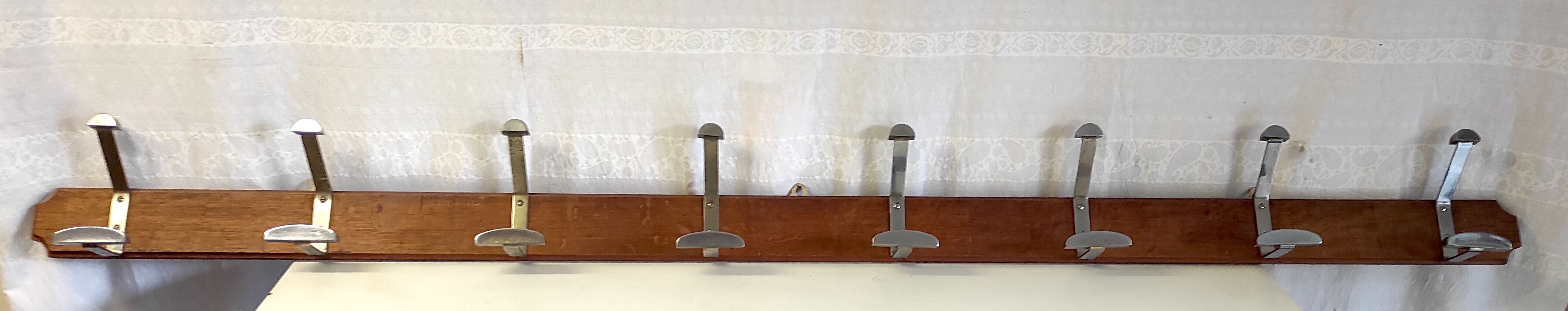 Wooden wall coat rack and chrome hooks – 60s