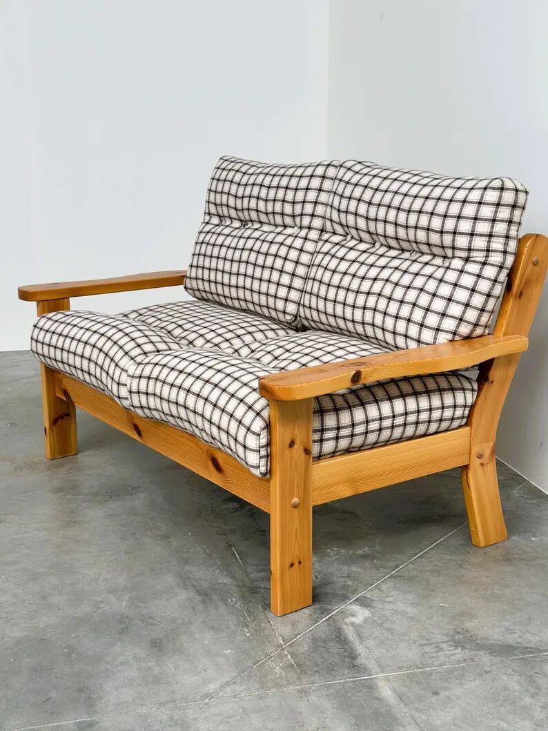 Vintage Two-Seater Pine Sofa with Original Checked Upholstery, 1970s