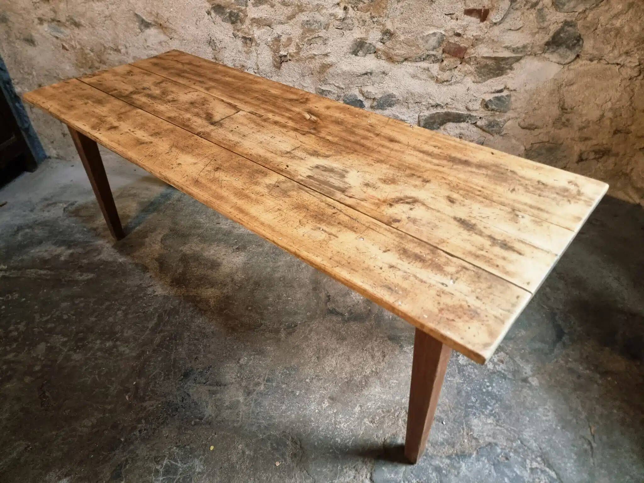 Antique French country dining table – Oak base and pine top, circa 1900