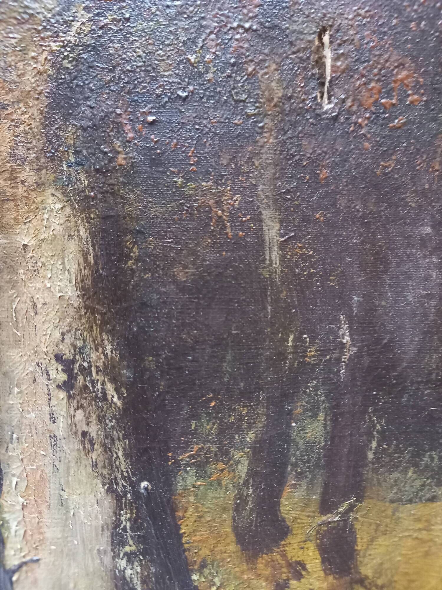 Old painting, oil on canvas representing a forest scene, early twentieth century