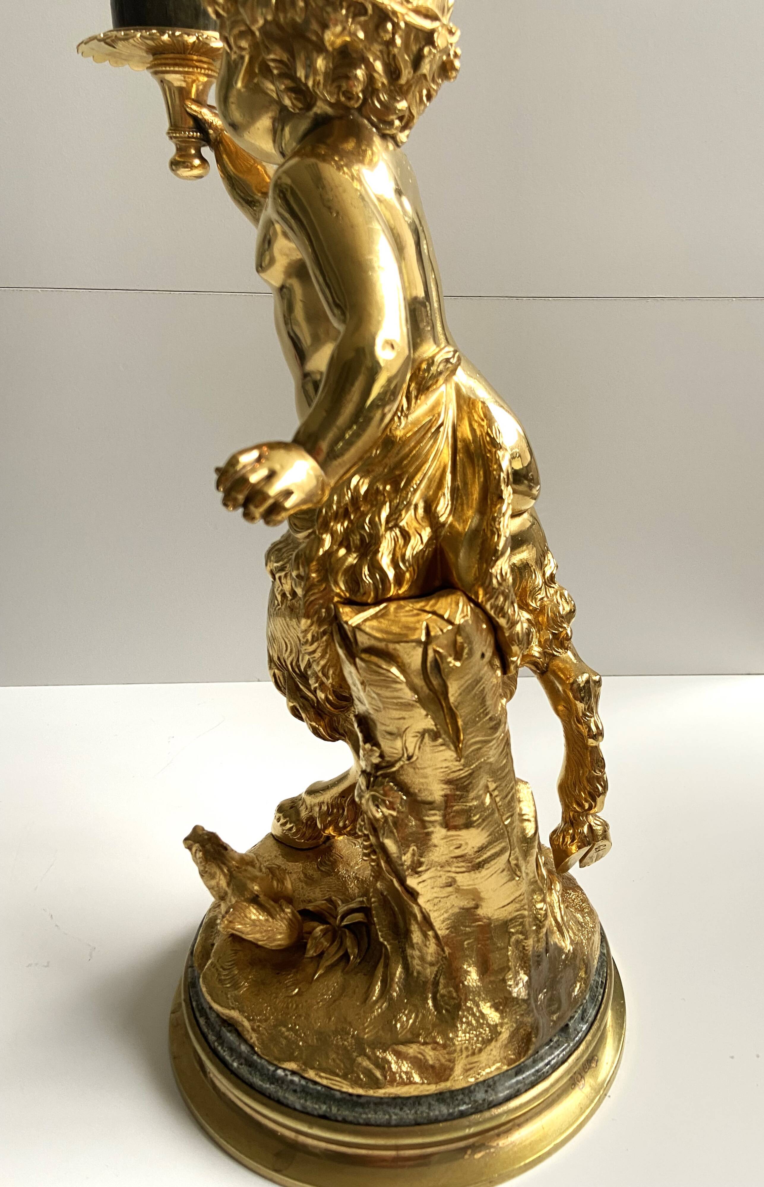 Sculpture, torchère "Jeune satyre" en bronze doré d'après Clodion