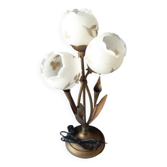 Art nouveau metal living room lamp with frosted glass shades.