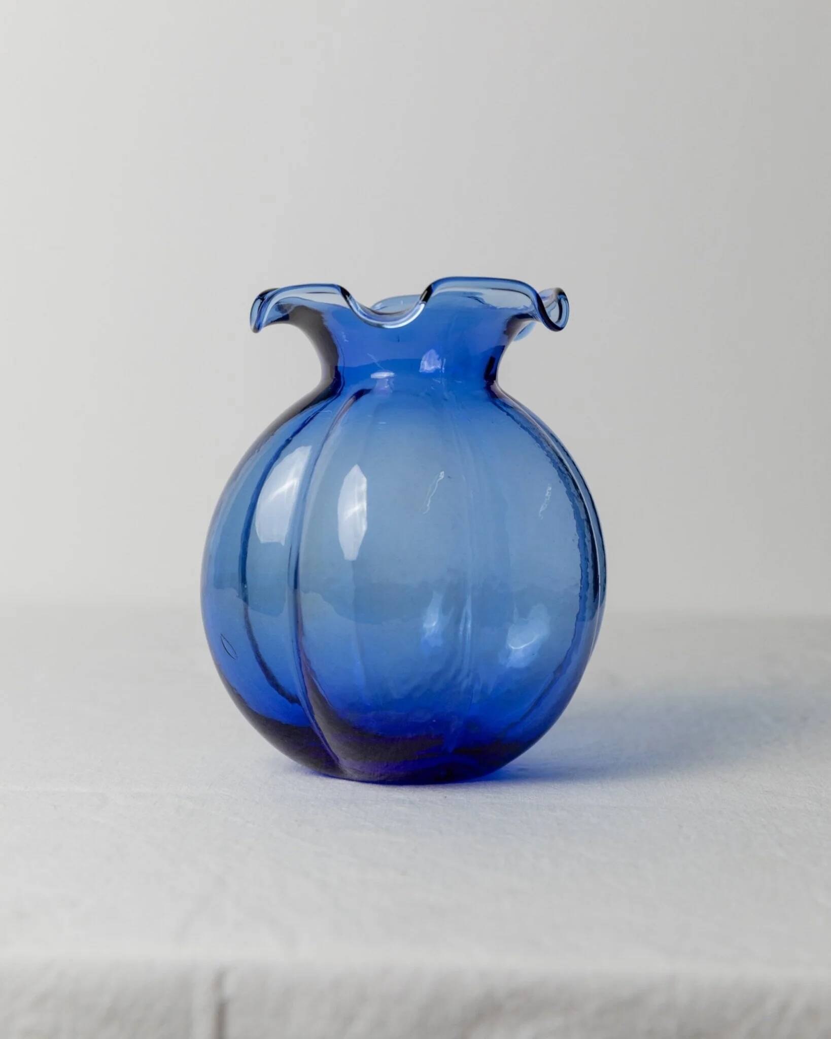 Cobalt Blue Hazel Atlas Glass Vase, 1930s Bulbous Form with Ruffled Lip and Embossed Underside