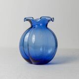 Cobalt Blue Hazel Atlas Glass Vase, 1930s Bulbous Form with Ruffled Lip and Embossed Underside