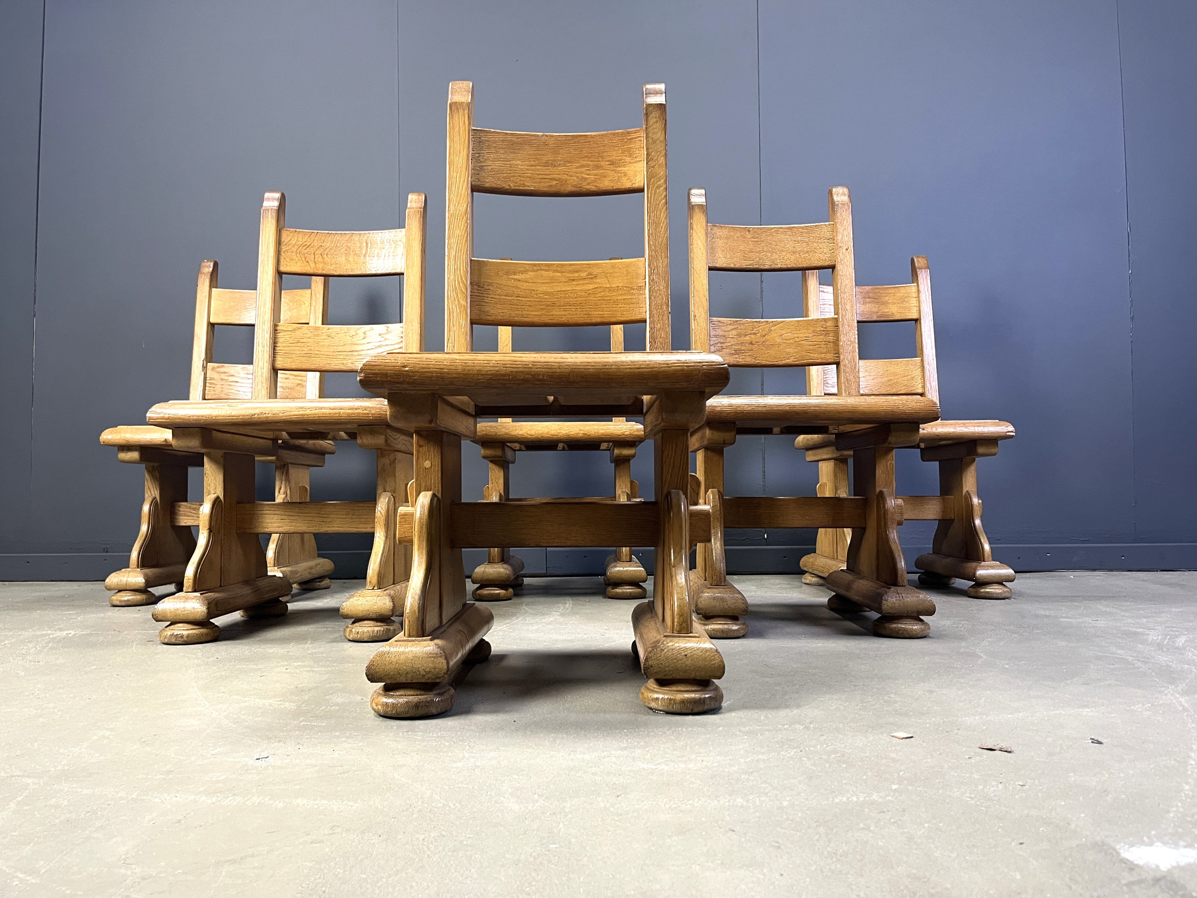 Solid oak brutalist dining chairs, 1960s