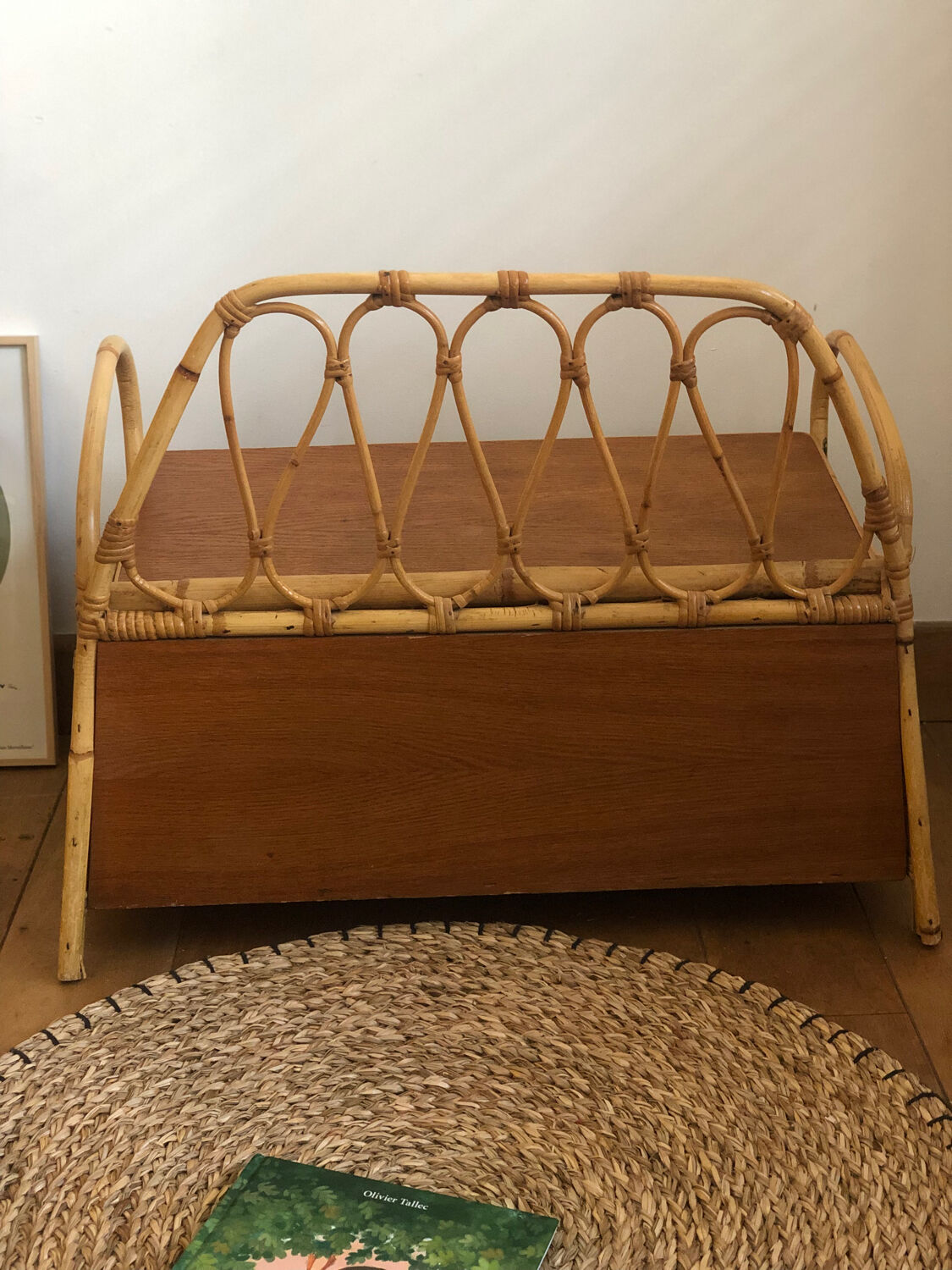 Vintage rattan storage bench for children, 1960s
