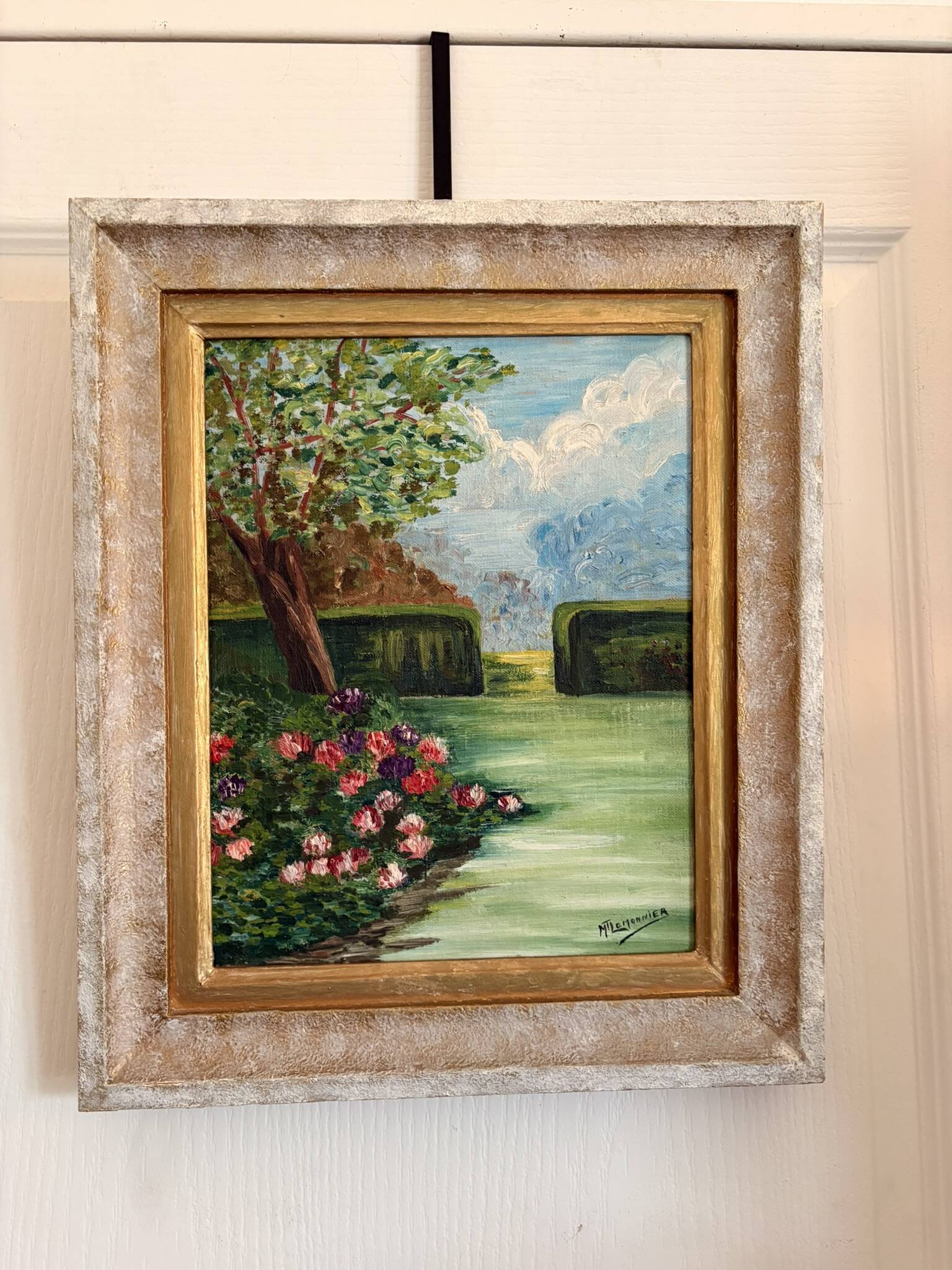 Old Oil Painting Canvas Garden Tree Flowers Rose Countryside Landscape
