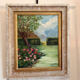 Old Oil Painting Canvas Garden Tree Flowers Rose Countryside Landscape