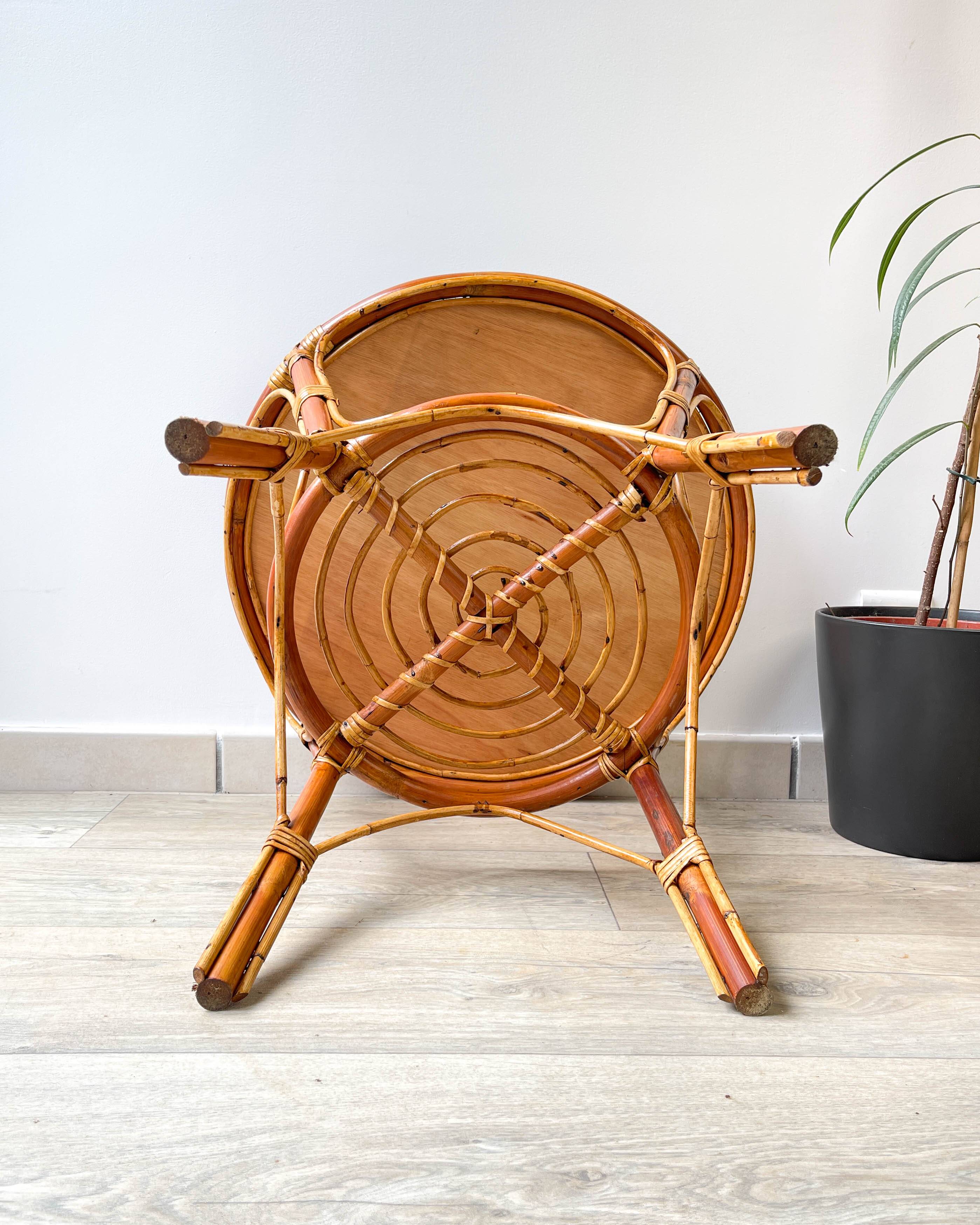 Vintage round rattan coffee table 1970