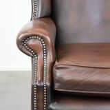 Brown smooth cow leather Chesterfield wingback armchair in English style
