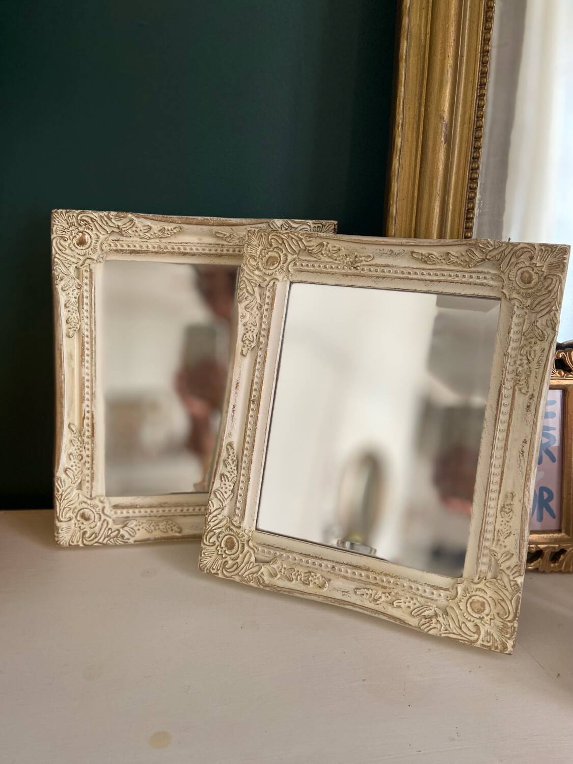 Set of two pretty mirrors in white, beige, and gold tones. Bohemian
