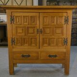 2-door, 2-drawer wardrobe in solid oak and wrought iron, rustic style, 1960s