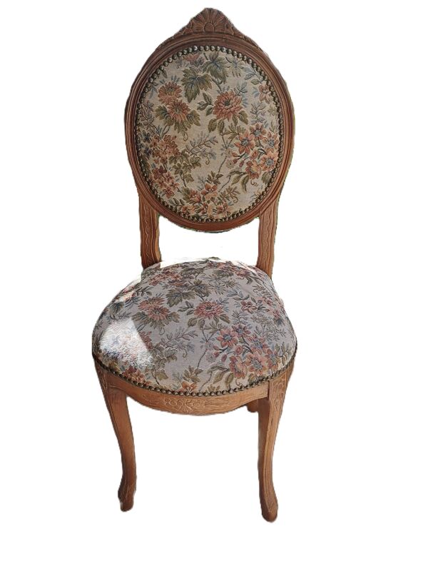 Chaise bois vernissé marron 1940 Chaise tissu assise jacquard fabrication tapissière