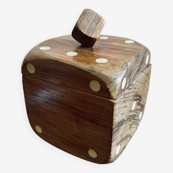 Vintage wooden storage box in the shape of a craft dice