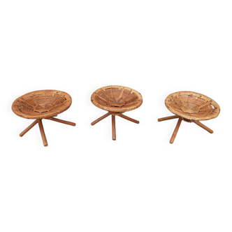 Low wicker and rattan stools, 1970s. (Set of 3)
