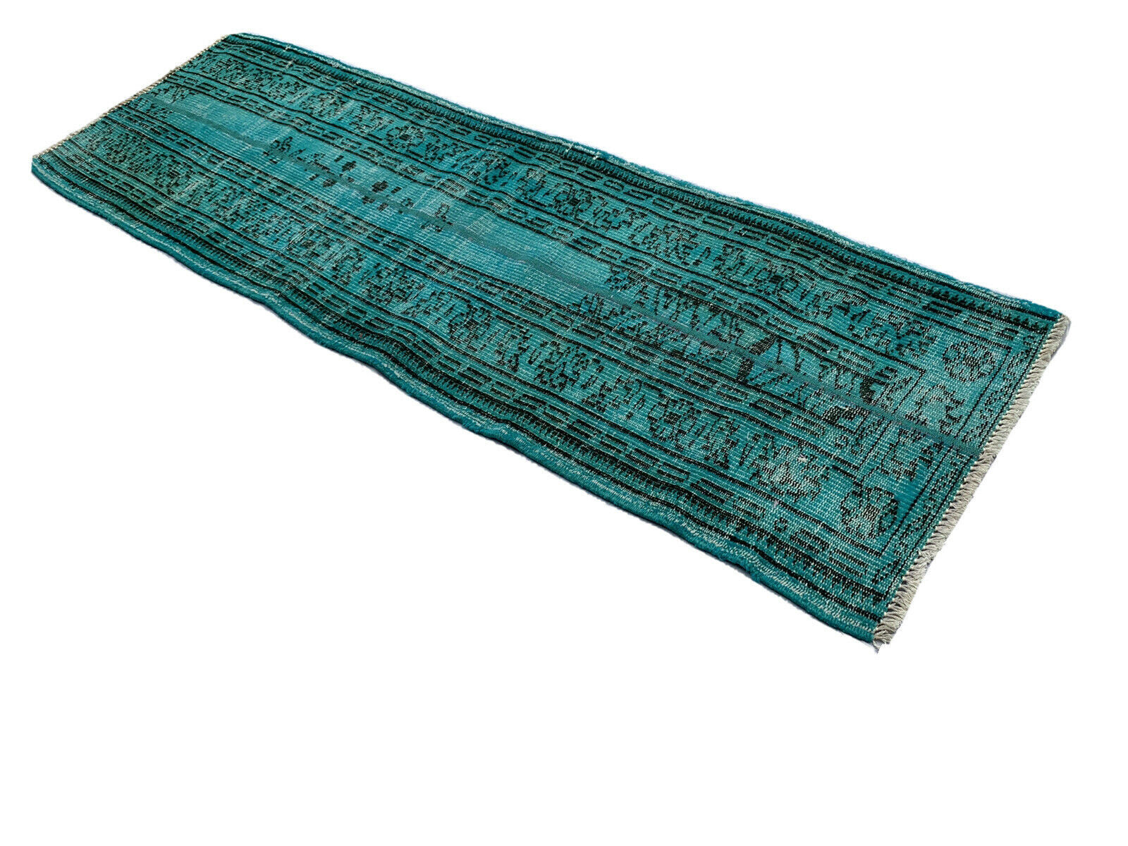 Distressed Turkish Narrow Runner 195 x 64 cm Wool Vintage rug, Overdyed Turquoise