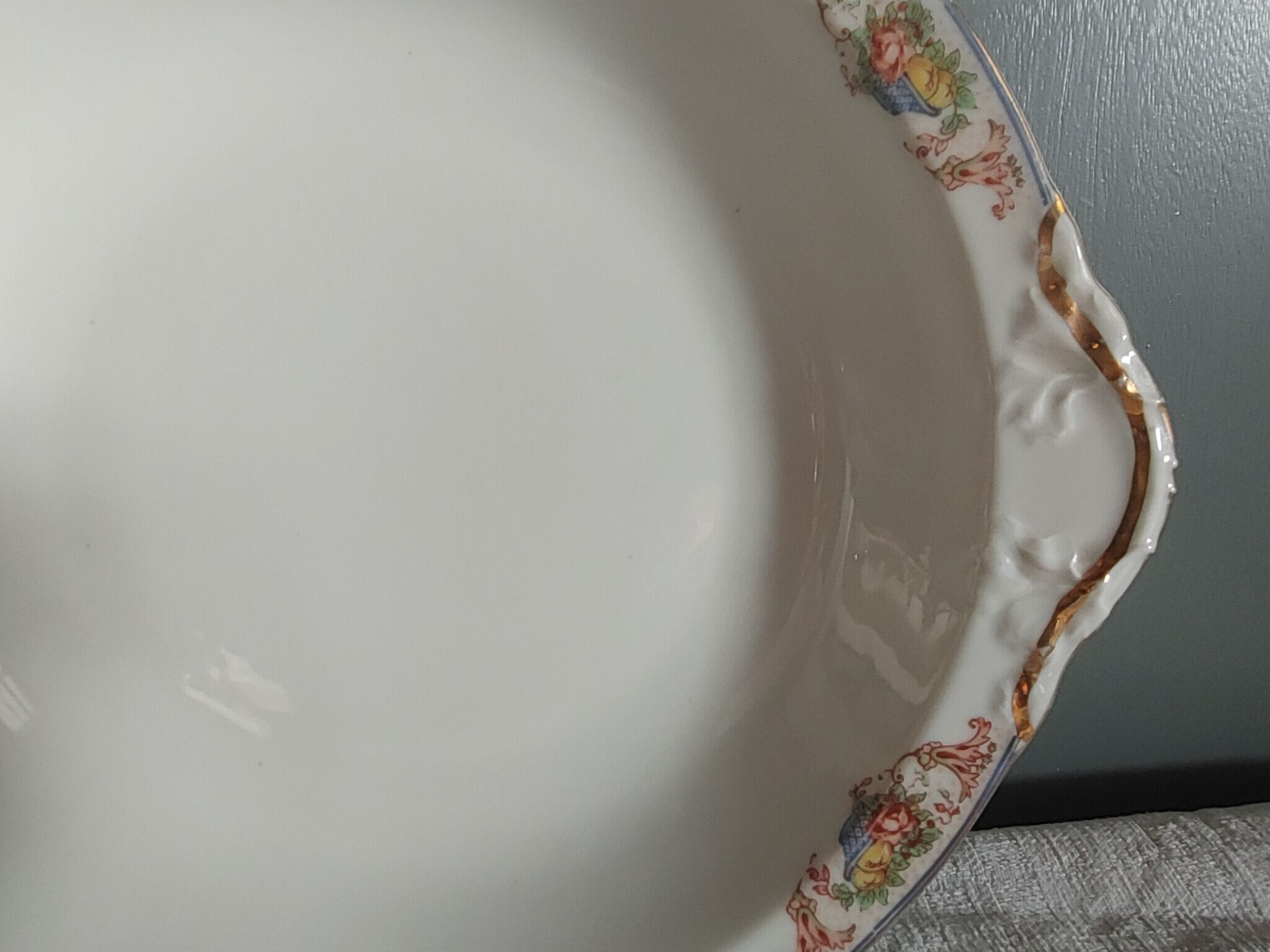 Hollow serving dish in limoges porcelain flower baskets, fruits - early 20th