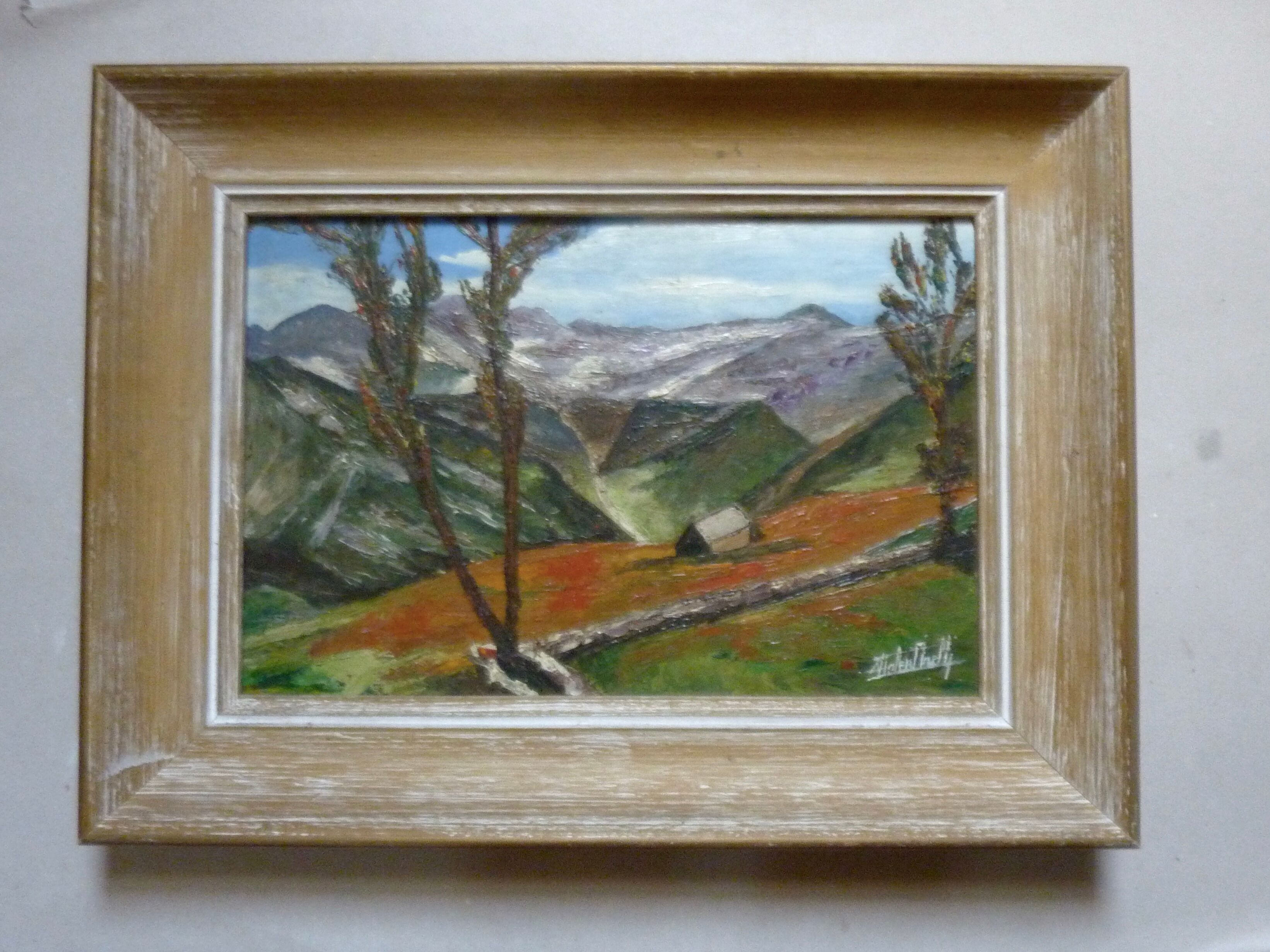 Painting, oil on panel, mountain landscape, signed
