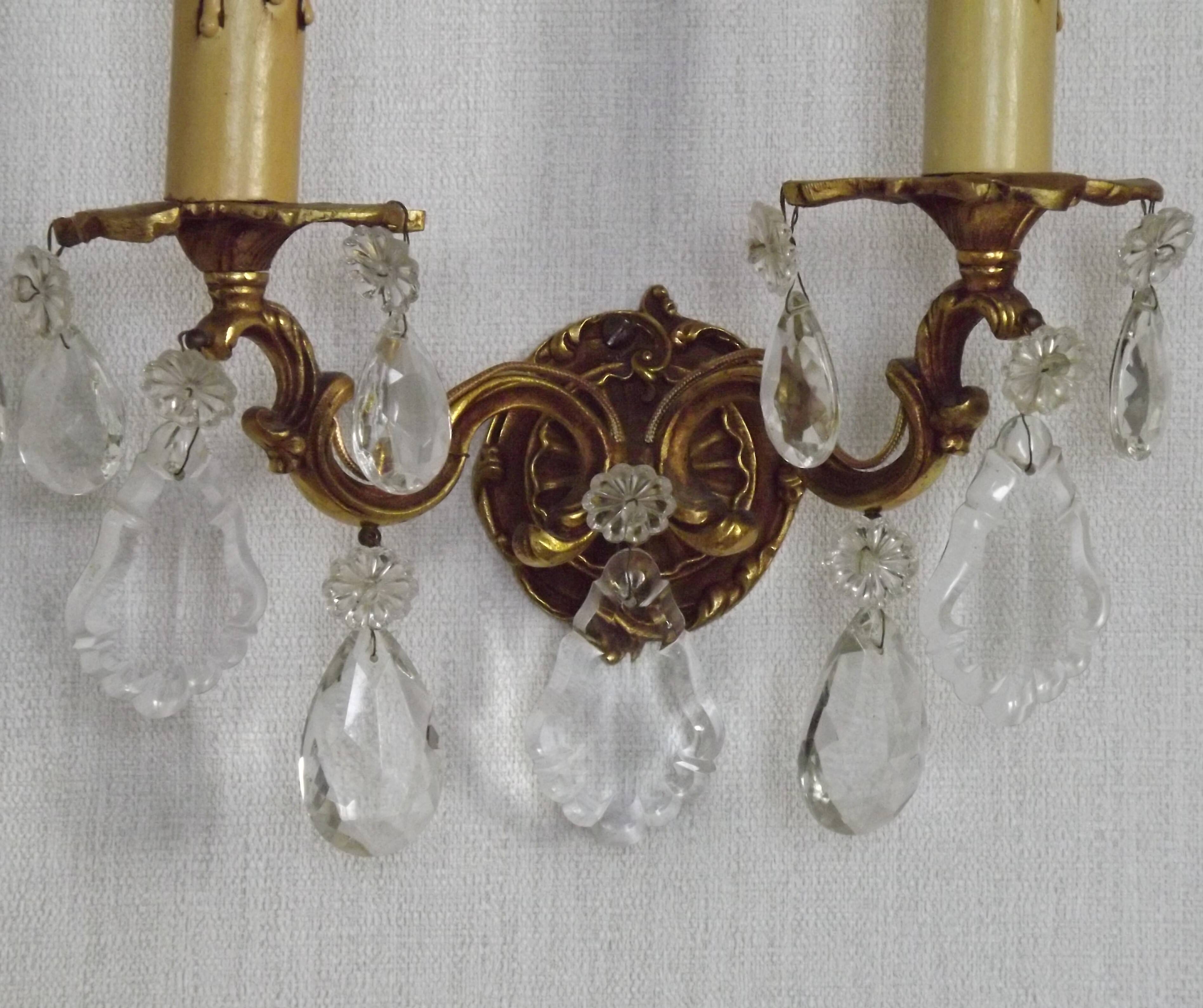 Pair of French Vintage Double Bronze Crystal Wall Lights with Acanthus Detail