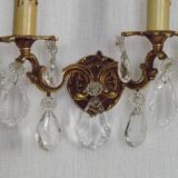 Pair of French Vintage Double Bronze Crystal Wall Lights with Acanthus Detail