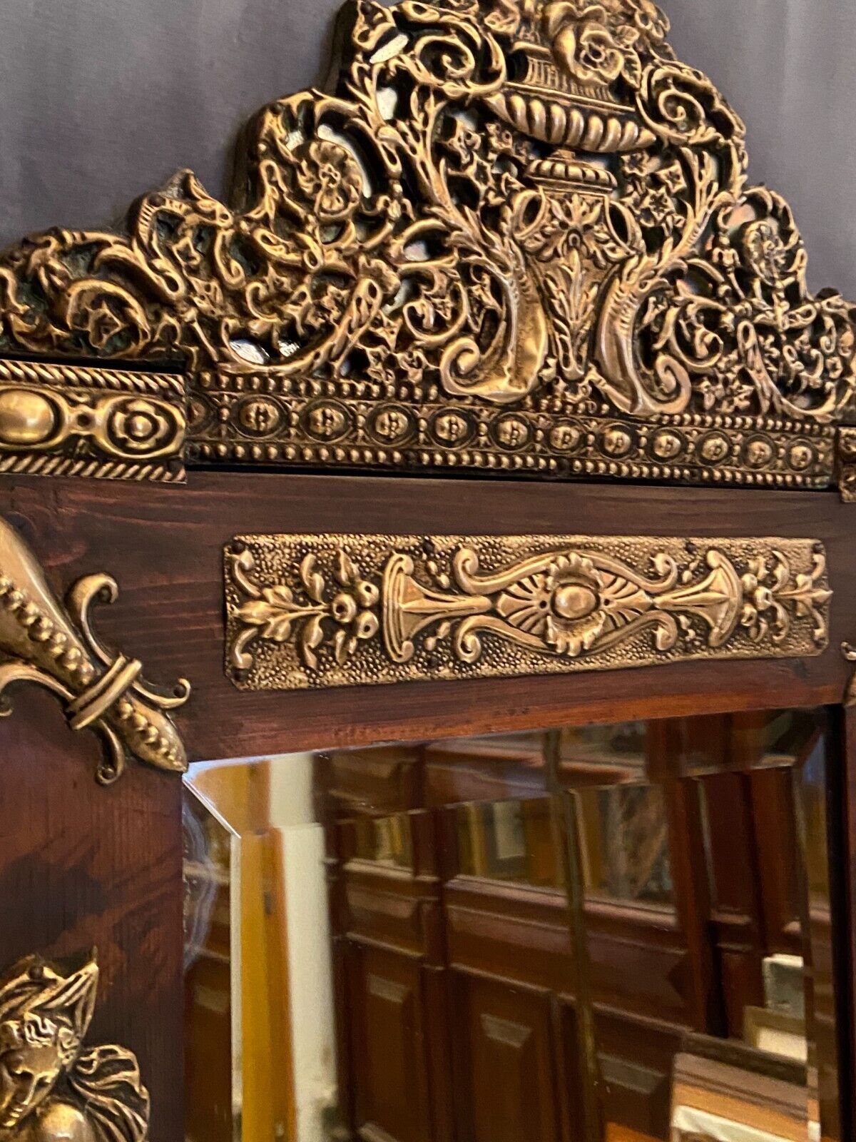 Mirror pediment nineteenth Neo classical decoration antique character brass on wood