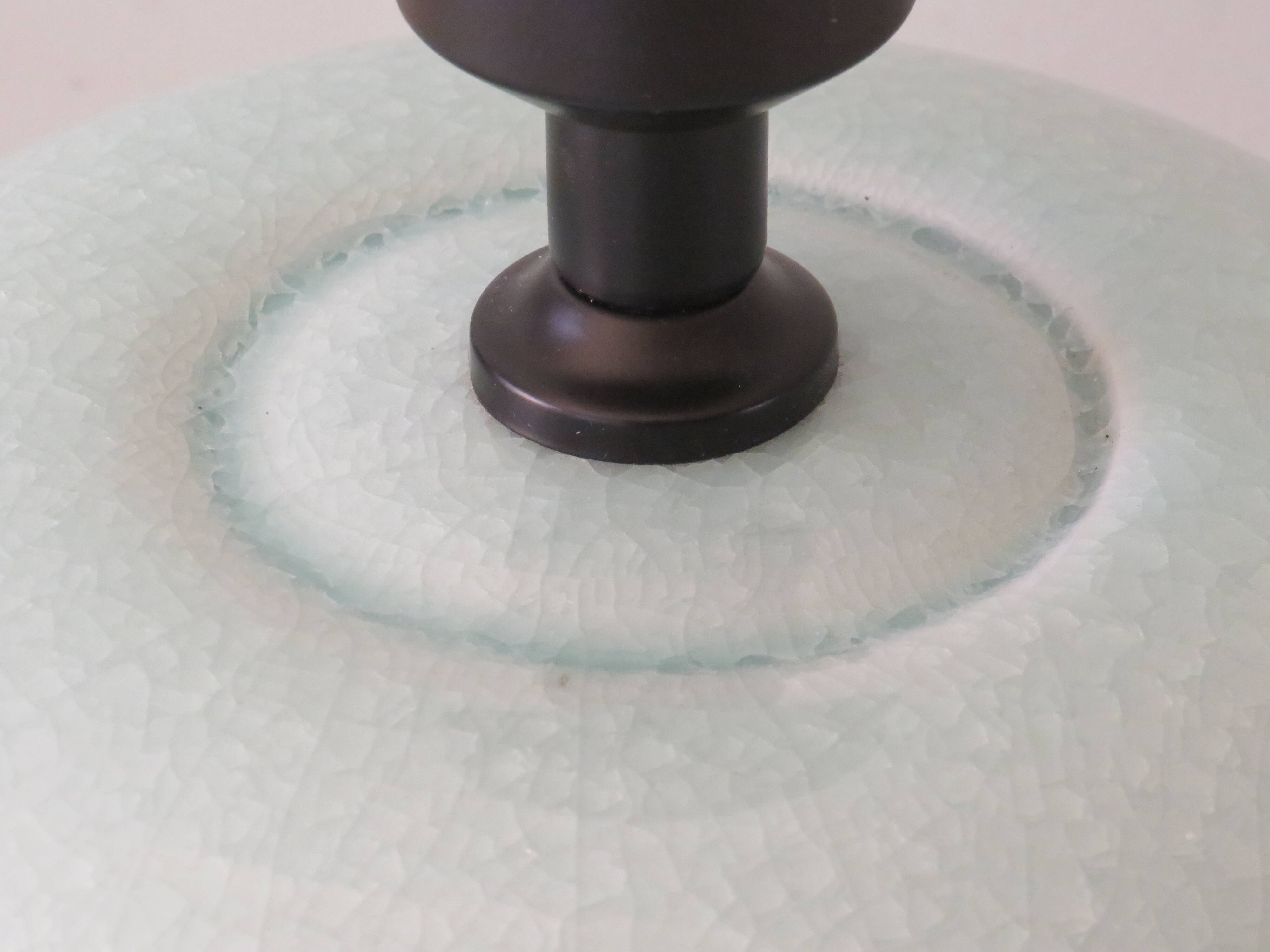 Celadon-colored cracked ceramic table lamp with new personalized lampshade.