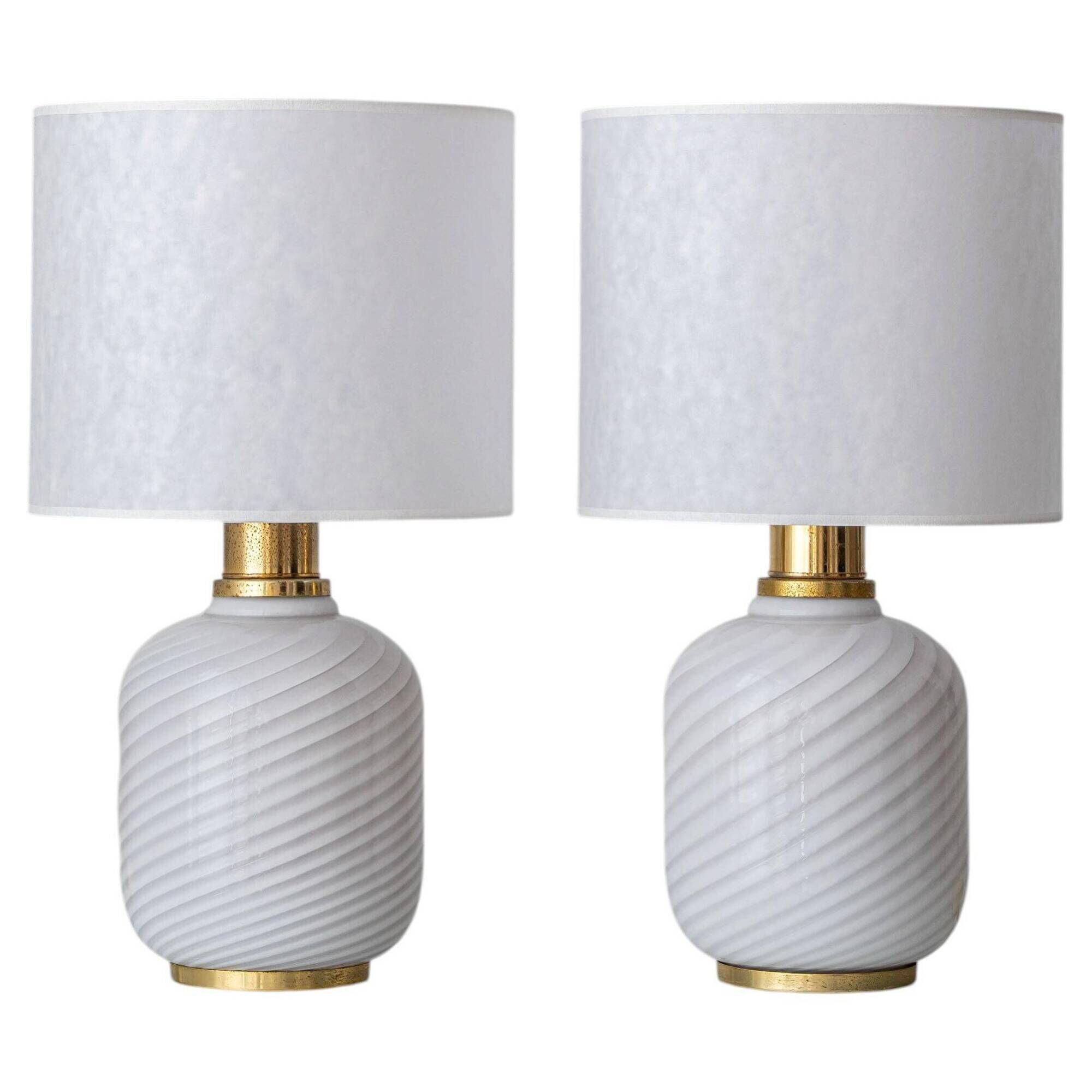 Murano Glass Table Lamps from the 1970s, White Opaline and Brass