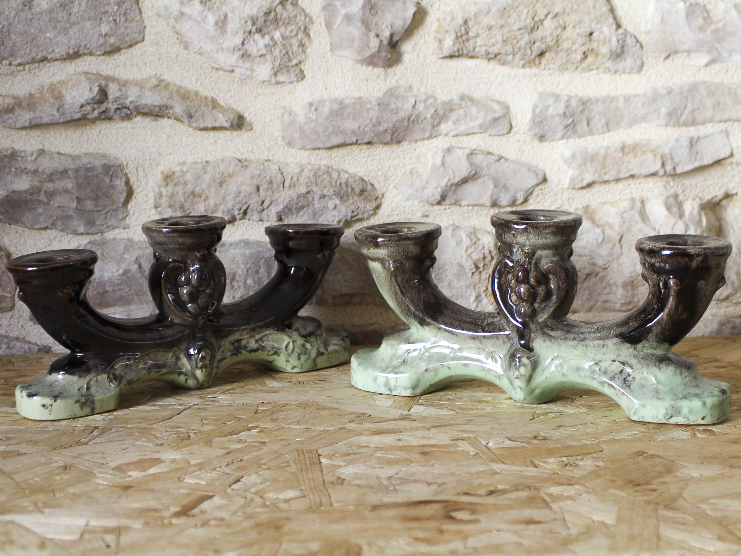 Pair of candlesticks 3 arms in glazed ceramic