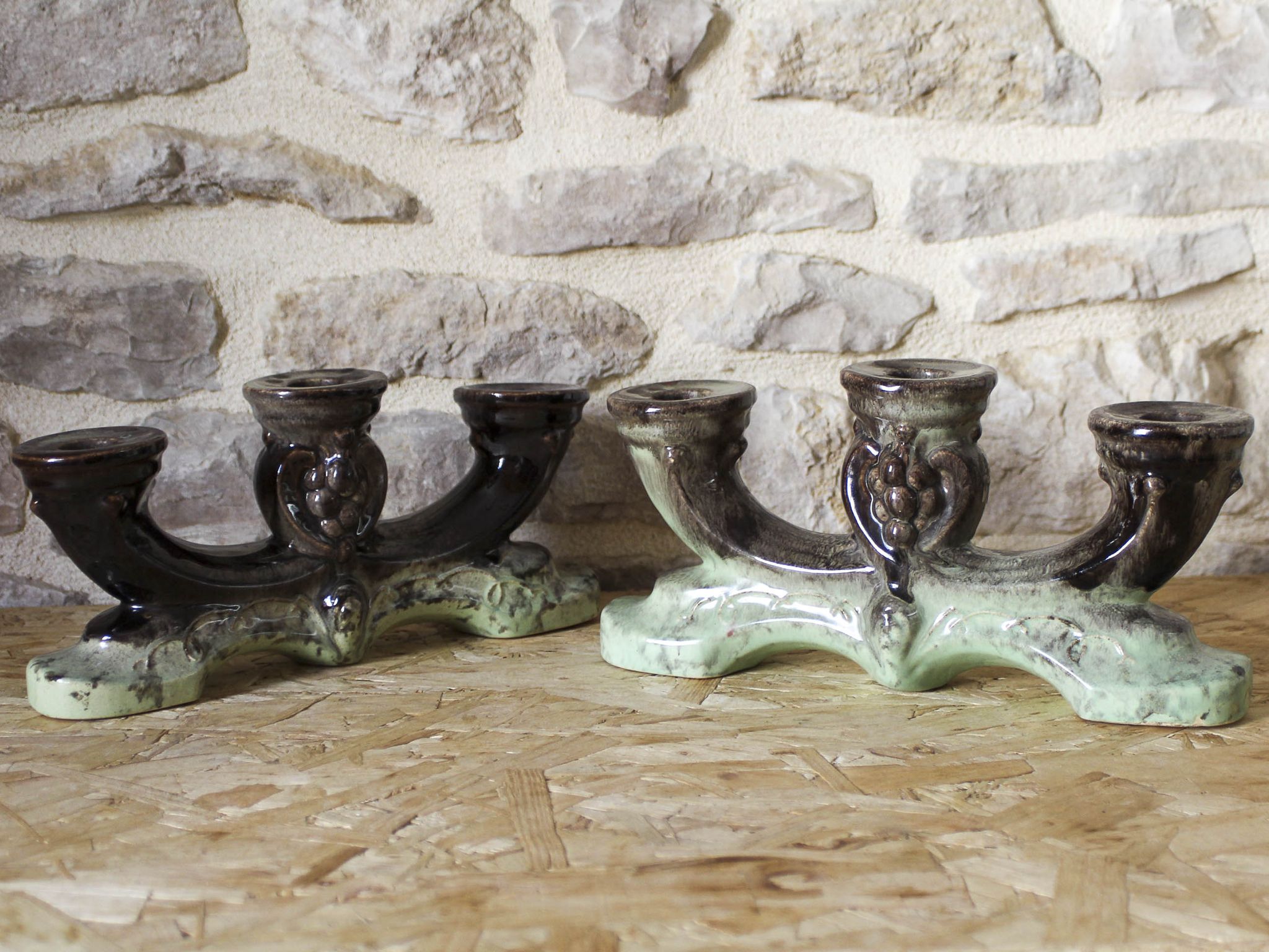 Pair of candlesticks 3 arms in glazed ceramic