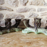 Pair of candlesticks 3 arms in glazed ceramic