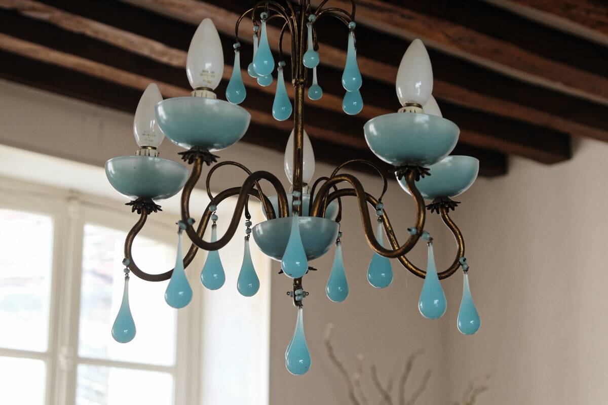 5-light chandelier in brass and blue opaline, 1950s