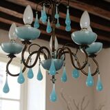 Lustre 5 feux en laiton et opaline bleue, années 50