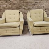 Pair of vintage 70's green fabric armchairs