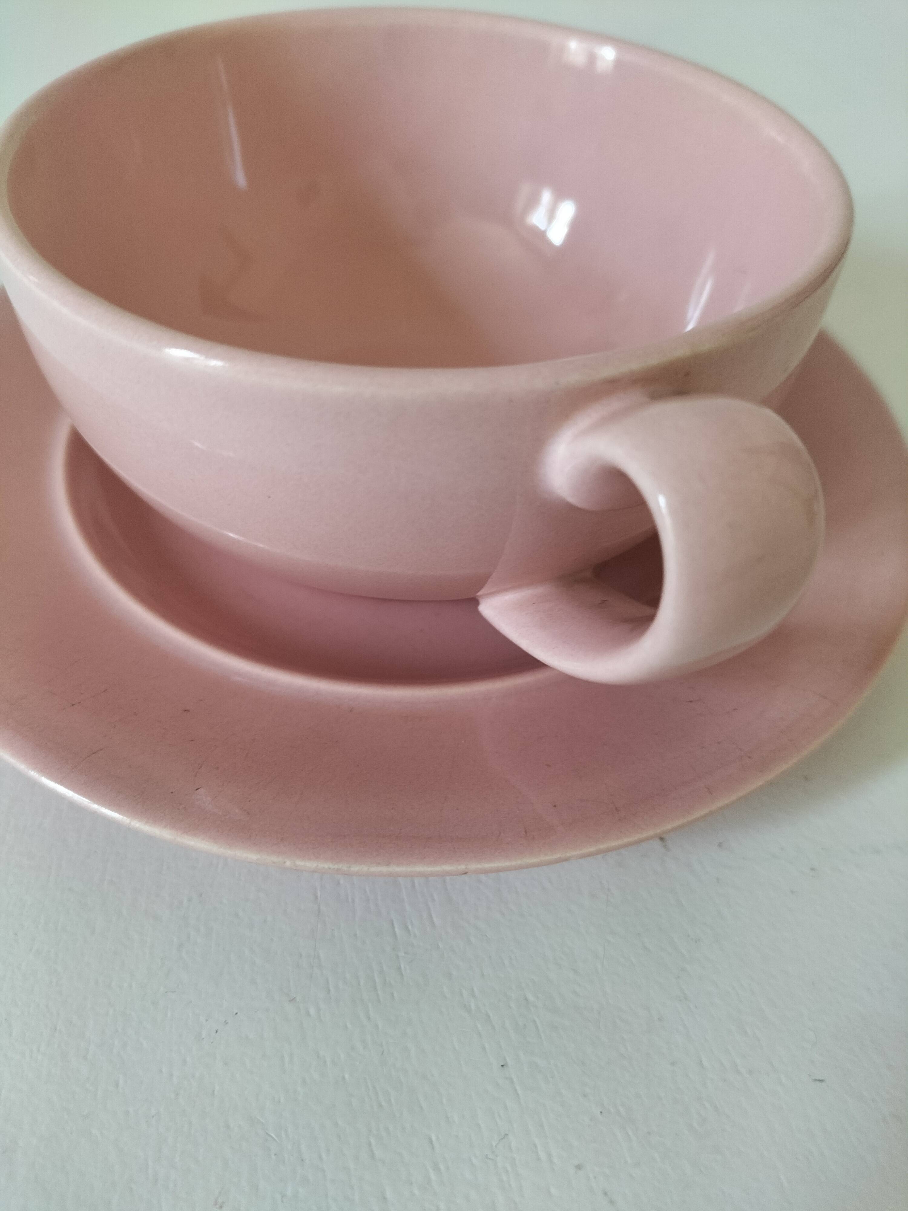 Cup and saucer Salins France in powdered pink earthenware – 1950s-60s