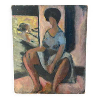 Oil on wood panel, Woman seated