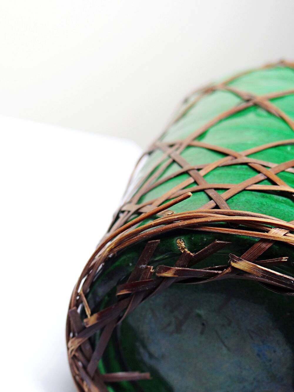 Japanese vase, green ceramic with bamboo lacing, Awaji Yaki, antique 1900-1930.