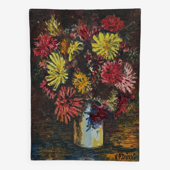 Huile sur carton par J.-P. Ducos nature morte 1960 bouquet de fleurs