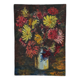 Huile sur carton par J.-P. Ducos nature morte 1960 bouquet de fleurs