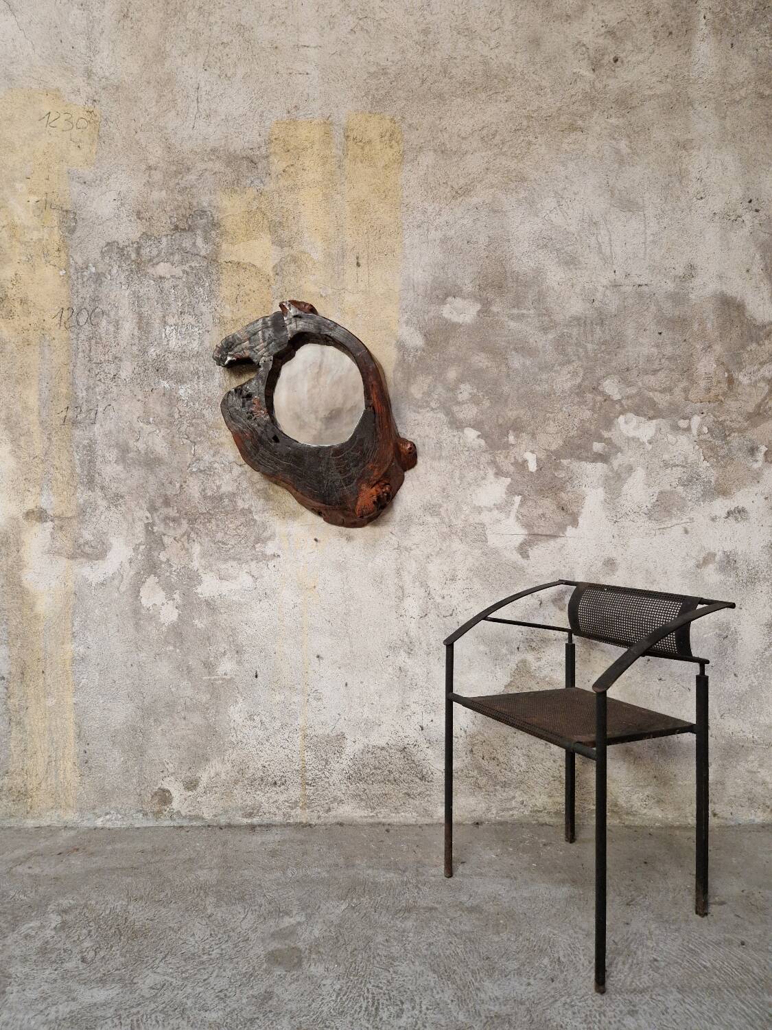 Brutalist mirror, solid elm, 1960.